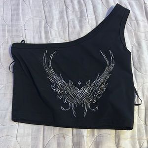 Rhinestone Y2K One Shoulder Crop Top